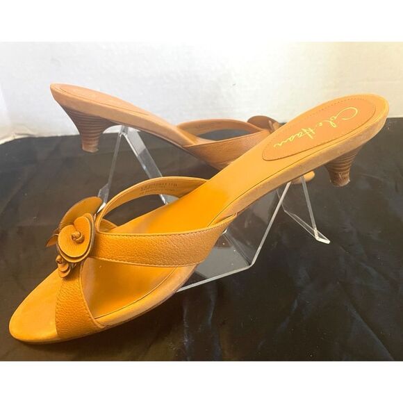 Cole Haan Nike Air Cognac Brown Smooth Leather Kitten Heel Mules Women’s SZ 10B - Picture 9 of 11